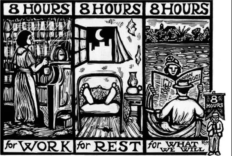  Khẩu hiệu 8 giờ làm việc, 8 giờ nghỉ ngơi, 8 giờ tự do trở thành biểu tượng của ngày 1/5.