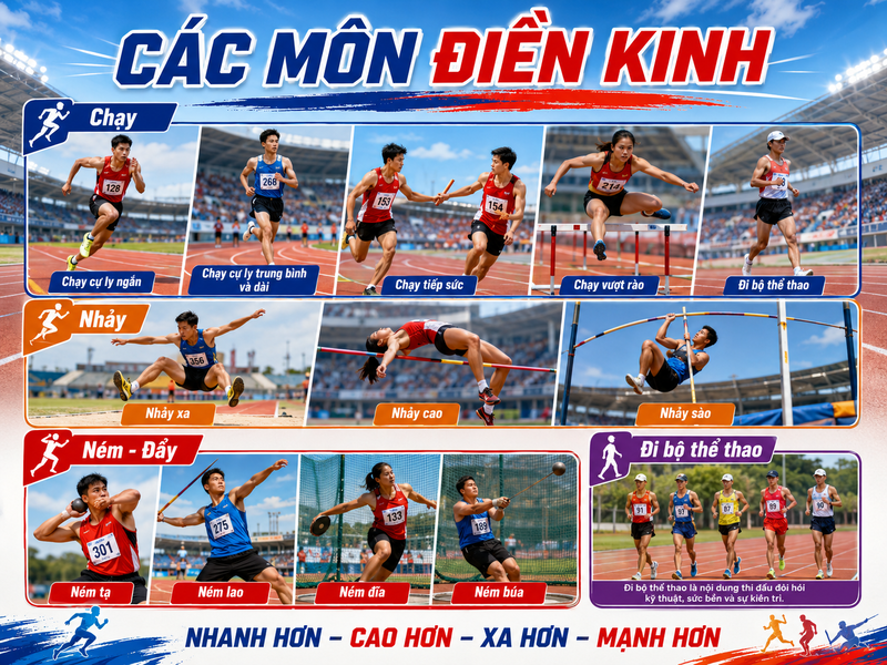 Các môn điền kinh là nền tảng của thể thao hiện đại, bao gồm chạy, nhảy, ném, đẩy và các nội dung phối hợp. 