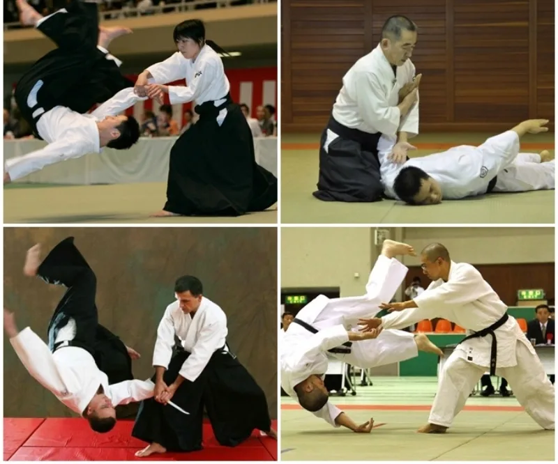 Kỹ thuật Aikido gồm né tránh, khóa khớp, ném ngã và lăn ngã an toàn