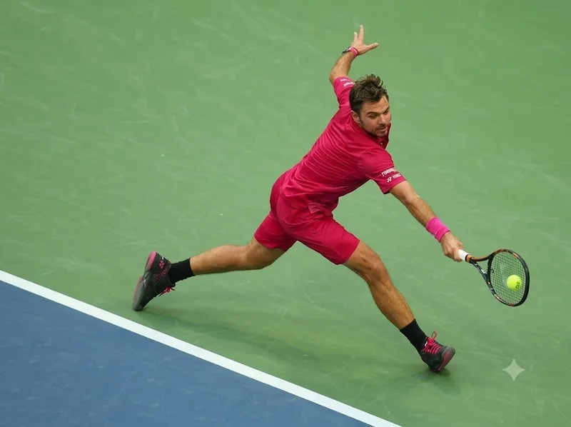 Stan Wawrinka thực hiện cú trái tay một tay mạnh mẽ, tạo ra những đường bóng khó cho đối thủ.